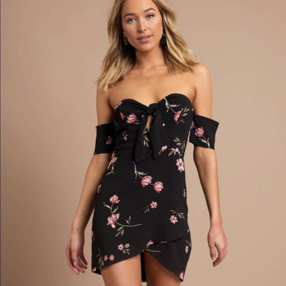 Tobi “Fiona” black floral off shoulder dress